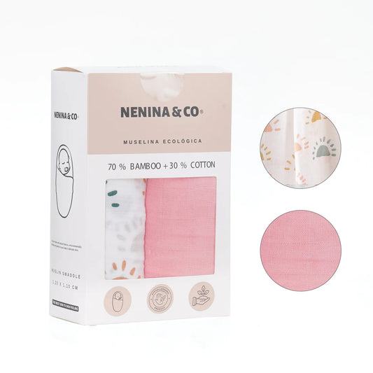 Pack 2 muselinas soleado + rosa 70% bamboo +30 % algodón Nenina & Co