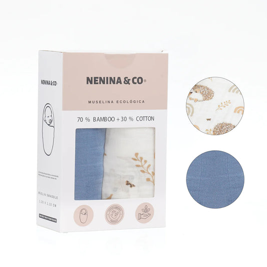 Pack 2 Muselinas blue + erizo 70% bamboo +30 % algodón Nenina & Co
