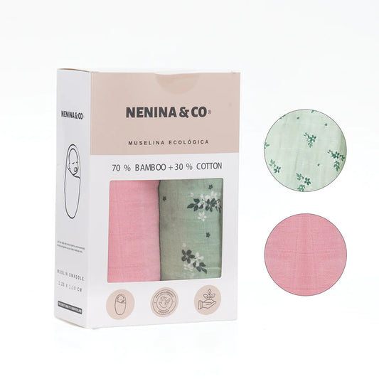 Pack 2 Muselinas rosa + flower 70% bamboo +30 % algodón Nenina & Co