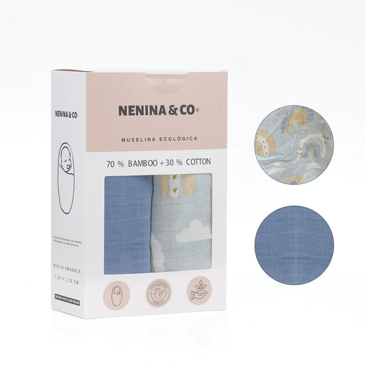 Pack 2 Muselinas blue +nubes arco iris 70% bamboo +30 % algodón Nenina & Co