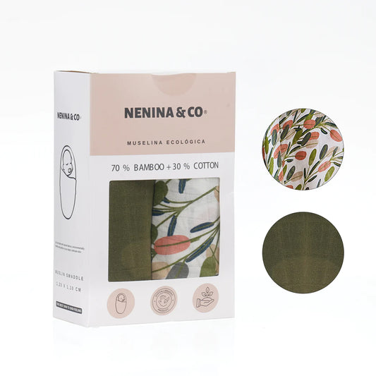 Pack 2 Muselinas nature + oliva 70% bamboo +30 % algodón Nenina & Co