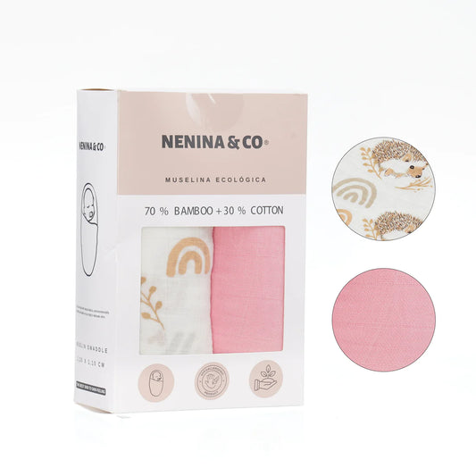 Pack 2 Muselinas rosa + erizo 70% bamboo +30 % algodón Nenina & Co