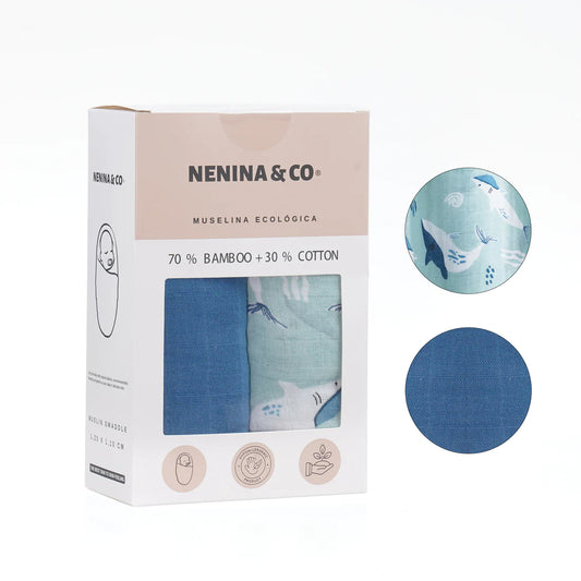 Pack 2 Muselinas blue + marino 70% bamboo +30 % algodón Nenina & Co
