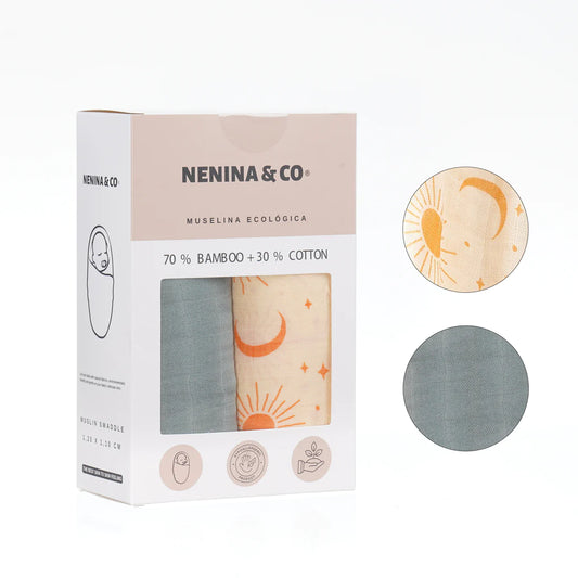 Pack 2 Muselinas gris + sol y luna 70% bamboo +30 % algodón Nenina & Co