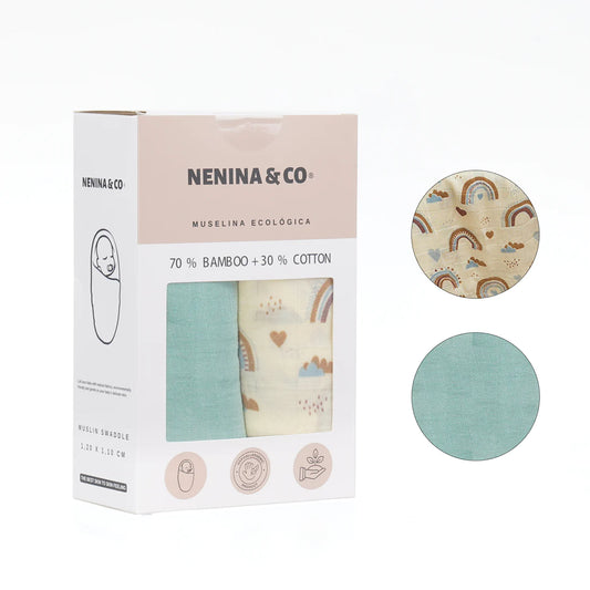 Pack 2 Muselinas mint +happy arcoiris 70% bamboo +30 % algodón Nenina & Co